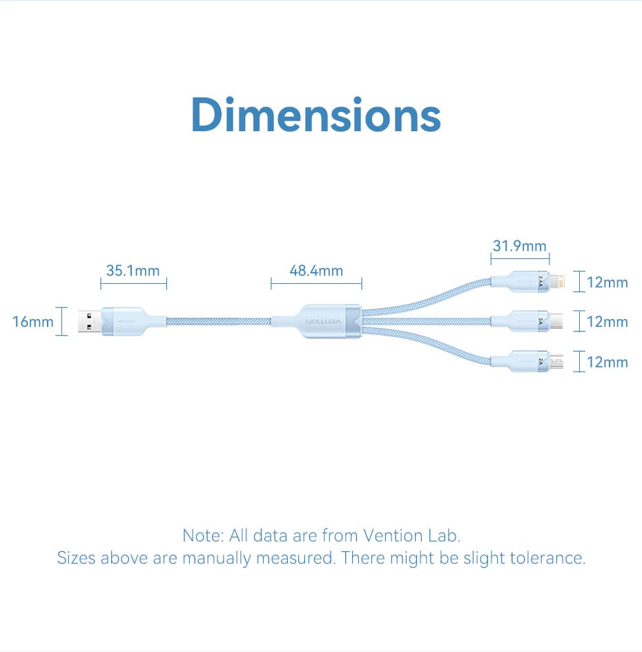 USB 2.0 A Male to 3-in-1 USB-C & Lightning & Micro-B Male 3A Cable