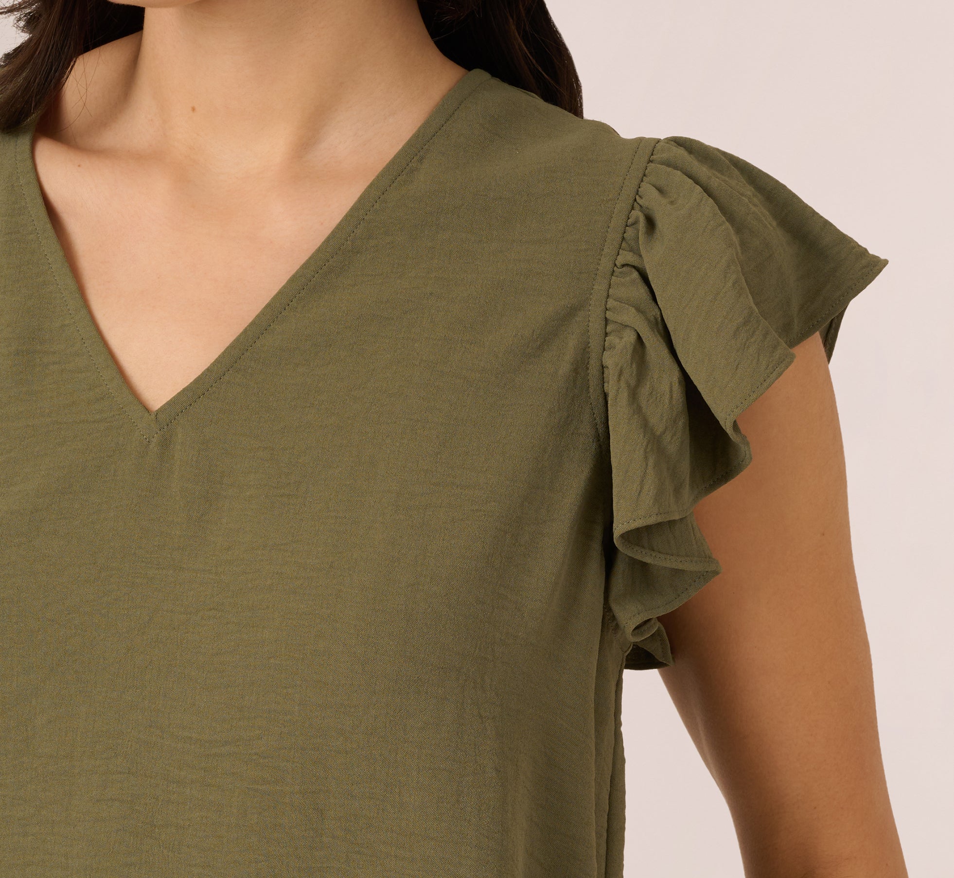 Ruffle Sleeve V Neck Satin Top In Olivine、mySite、solidvoid