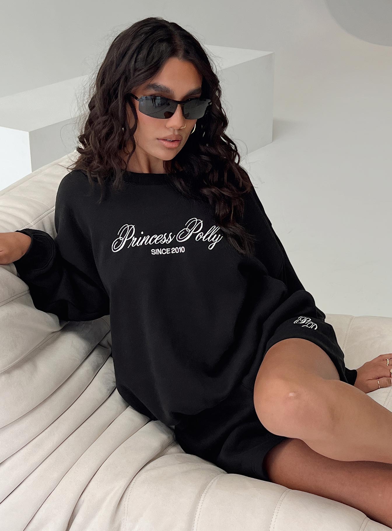 Princess Polly Crew Neck Sweatshirt Cursive Text Black Sand、mySite、solidvoid