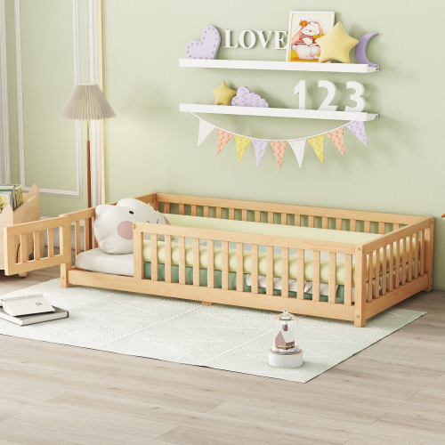 Twin Size Bed Floor Bed with Safety Guardrails and Door for Kids, Natural(Old SKU: W158090686)、、casual