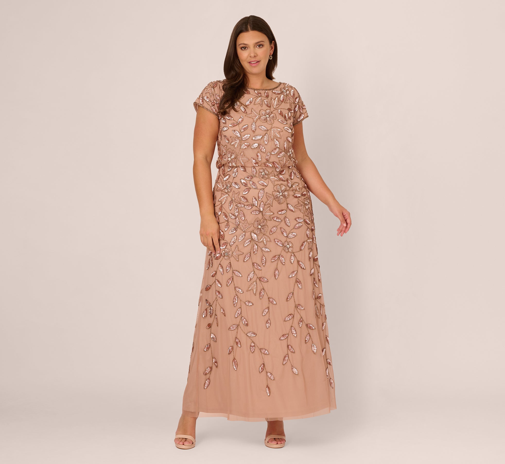 Plus Size Blouson Short Sleeve Beaded Long Dress In Rose Gold、mySite、solidvoid