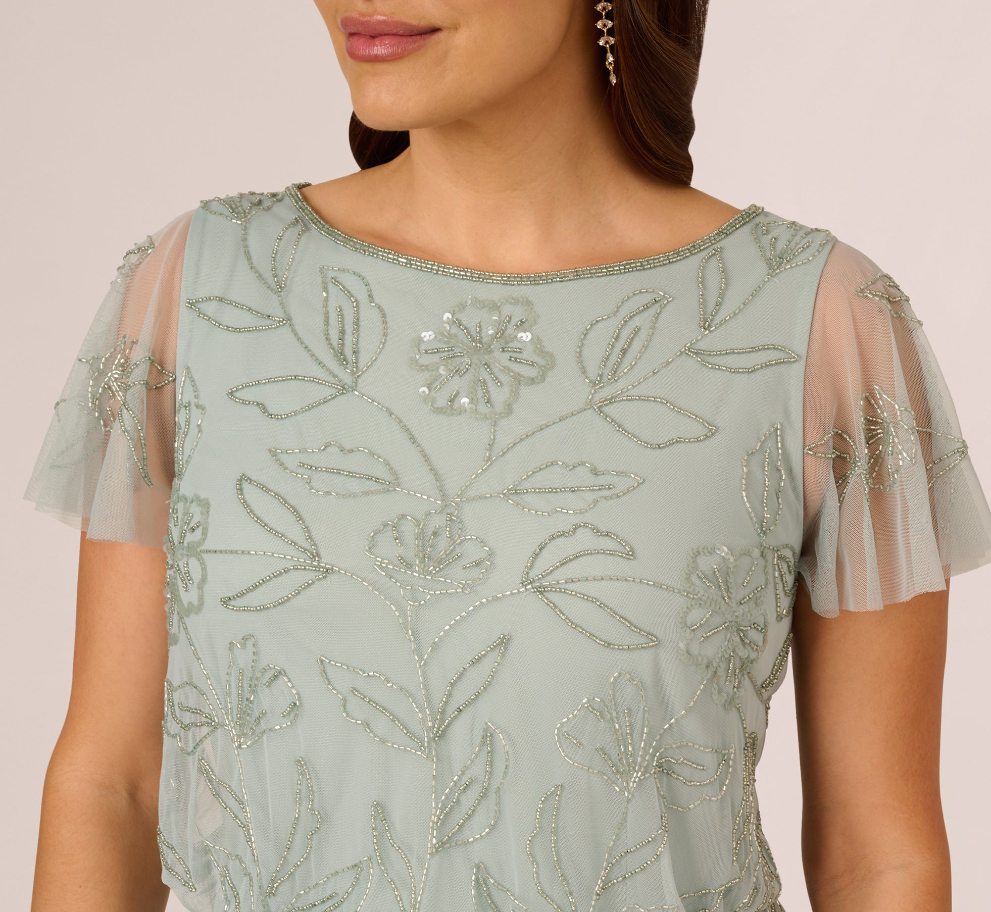 Plus Size Flutter Sleeve Floral Beaded Blouson Gown In Aqua Dust、mySite、solidvoid