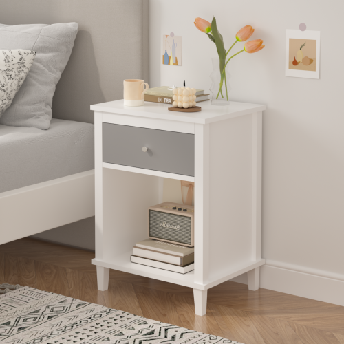 26.77''H Wooden Nightstand with One Drawer One Shelf for Kids, Adults, White+Golden handle、、casual