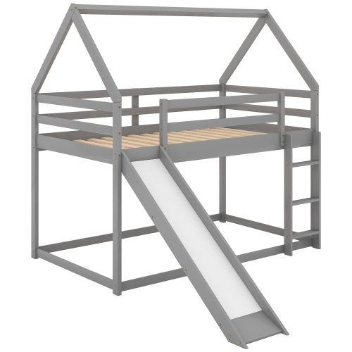 Twin over Twin Low Bunk Bed, House Bed with Ladder , Gray(OLD SKU:WF197808AAE)、、casual