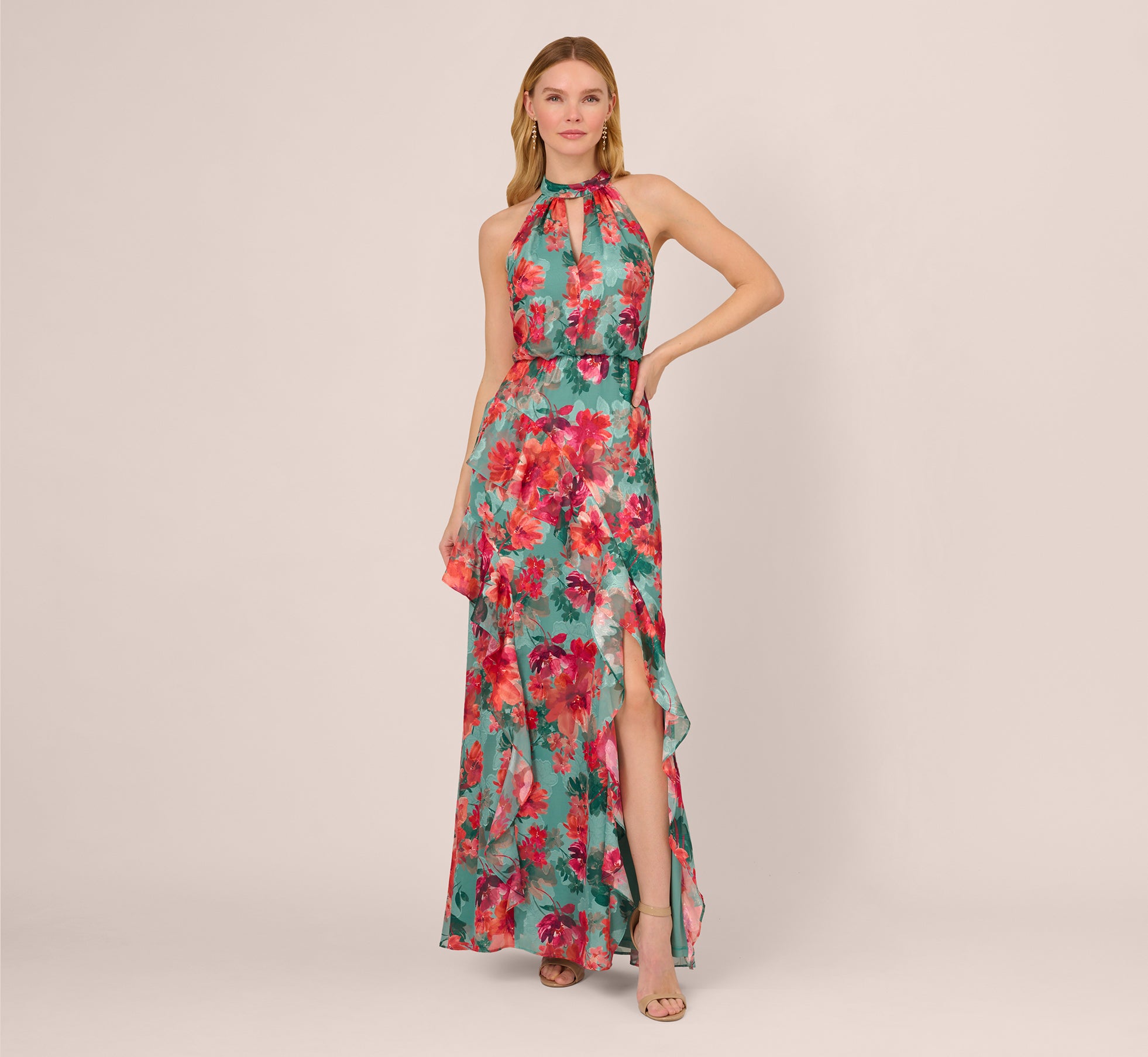 Floral Printed Halter Mermaid Gown With Ruffle Details In Turquoise Multi、mySite、solidvoid