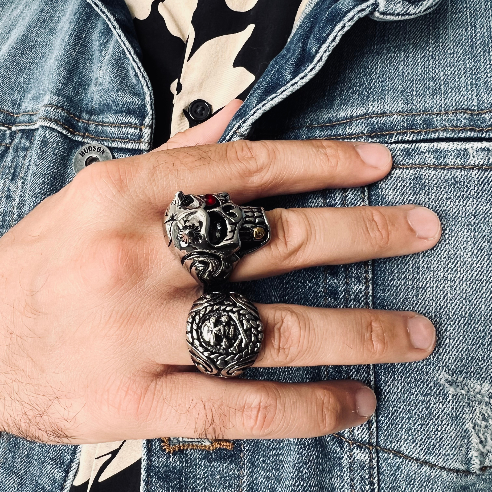 Polished Skull And Crossbones With Ocean Pattern Stainless Steel Ring / SCR1001、mySite、dreamappss