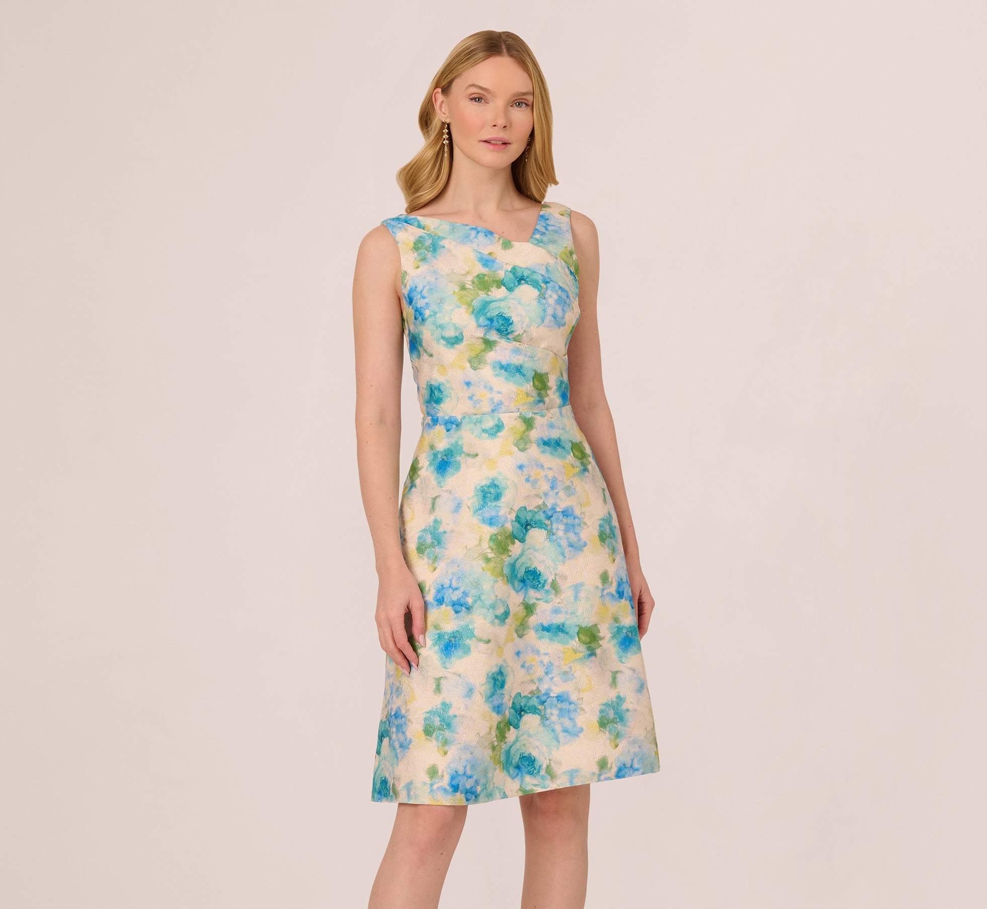 Sleeveless Asymmetrical Floral Jacquard Midi Dress In Ivory Blue Multi、mySite、solidvoid