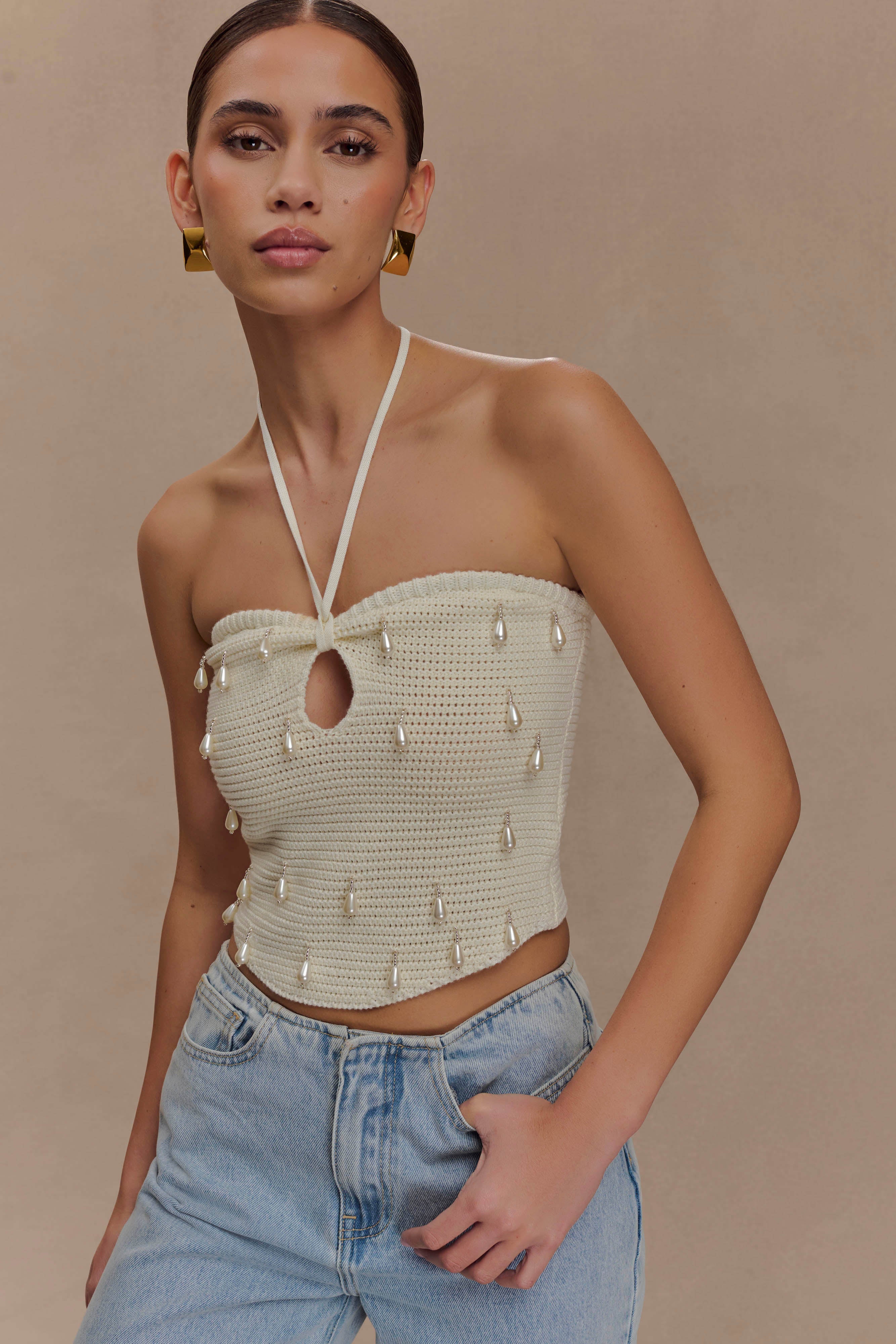 Aletta Knit Pearl Halter Top - Ivory、mySite、solidvoid