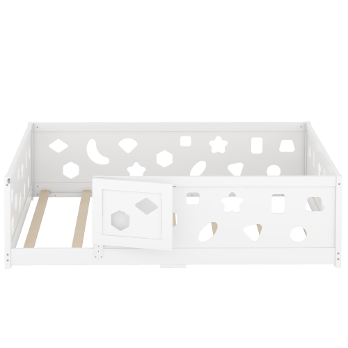 Twin Size Floor Bed with Heightened Safety Guardrails and Door, Solid Wood Bedframe with Rails for Girls, Boys, Teens, Child Bedroom, Kids Playroom, No Slats Included, White、、casual