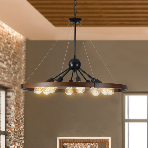 (New SKU:W1340P206642) 8-Light Retro Farmhouse Chandelier For Kitchen, Living room, Dining room Red and Walnut(No Bulbs)、、eastwooduniform
