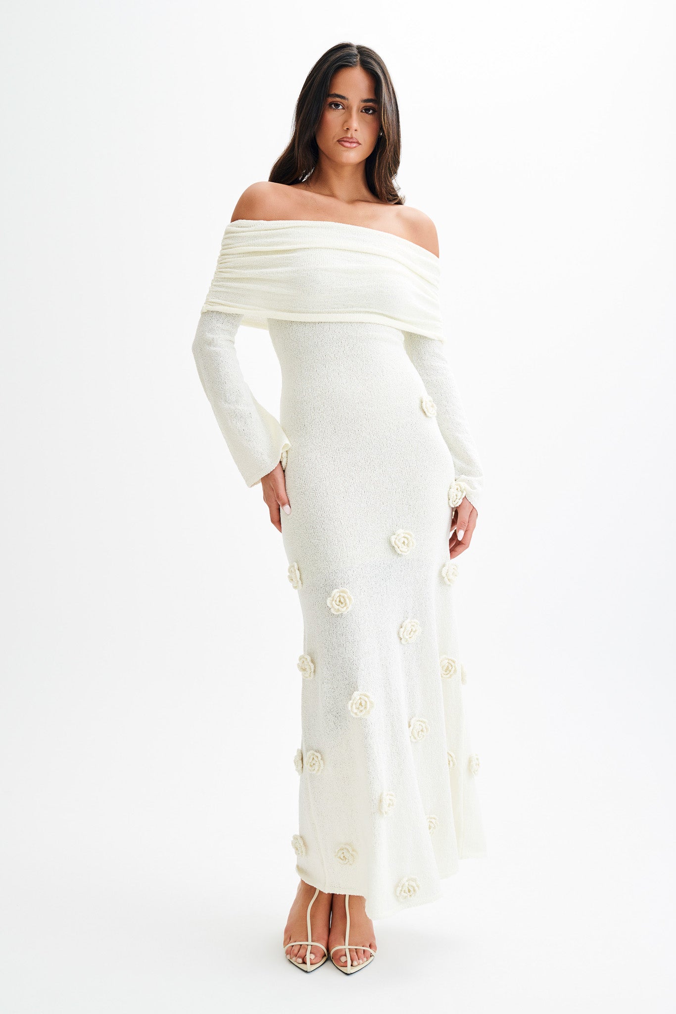 Kiki Off Shoulder Knit Rose Maxi Dress - Ivory、mySite、solidvoid