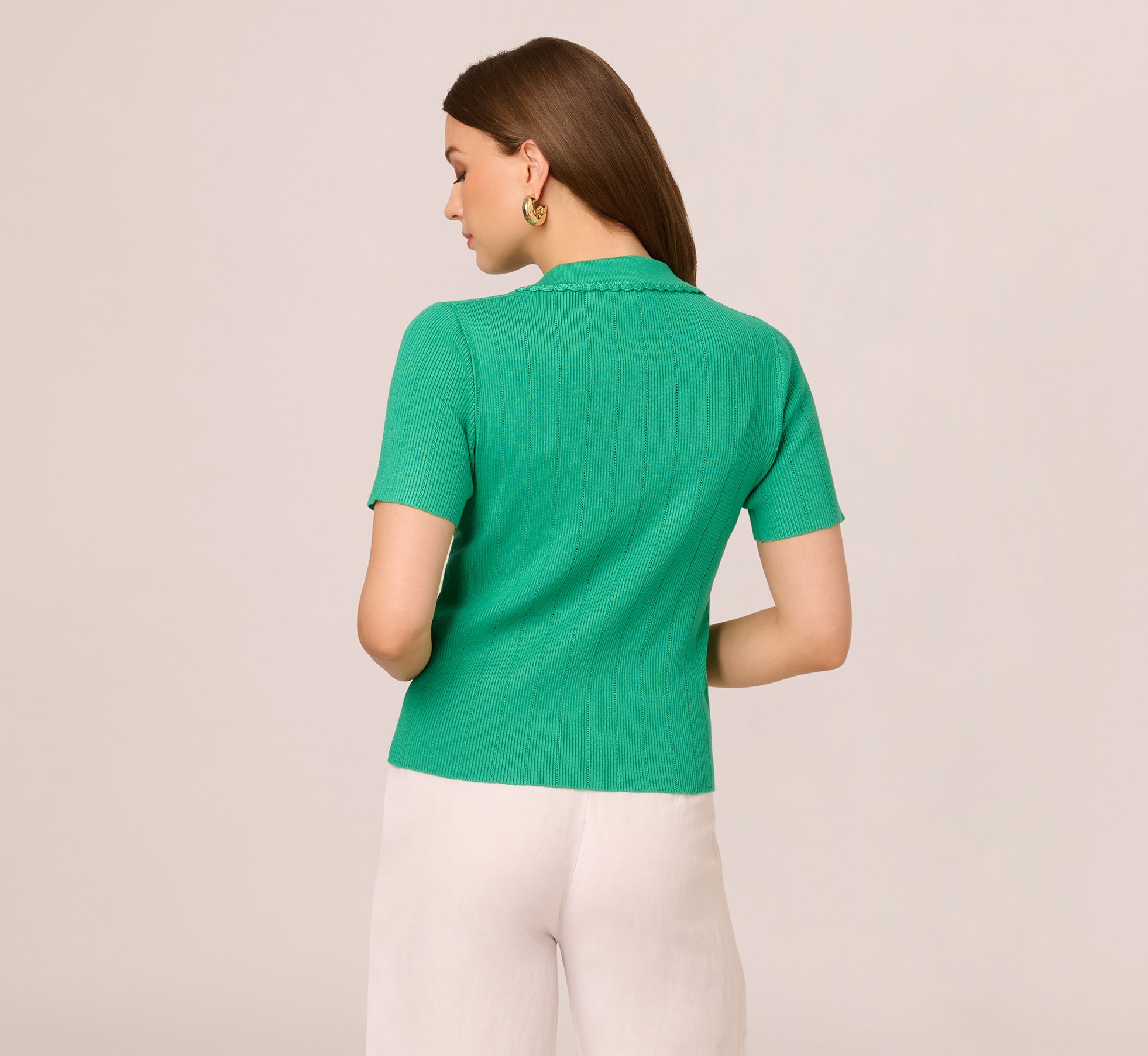 Short Sleeve Ribbed Pointelle Polo Top In Simply Green、mySite、solidvoid