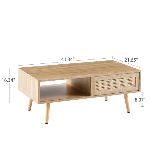 41.34" Rattan Coffee table, sliding door for storage, solid wood legs, Modern table for living room , natural、、casual