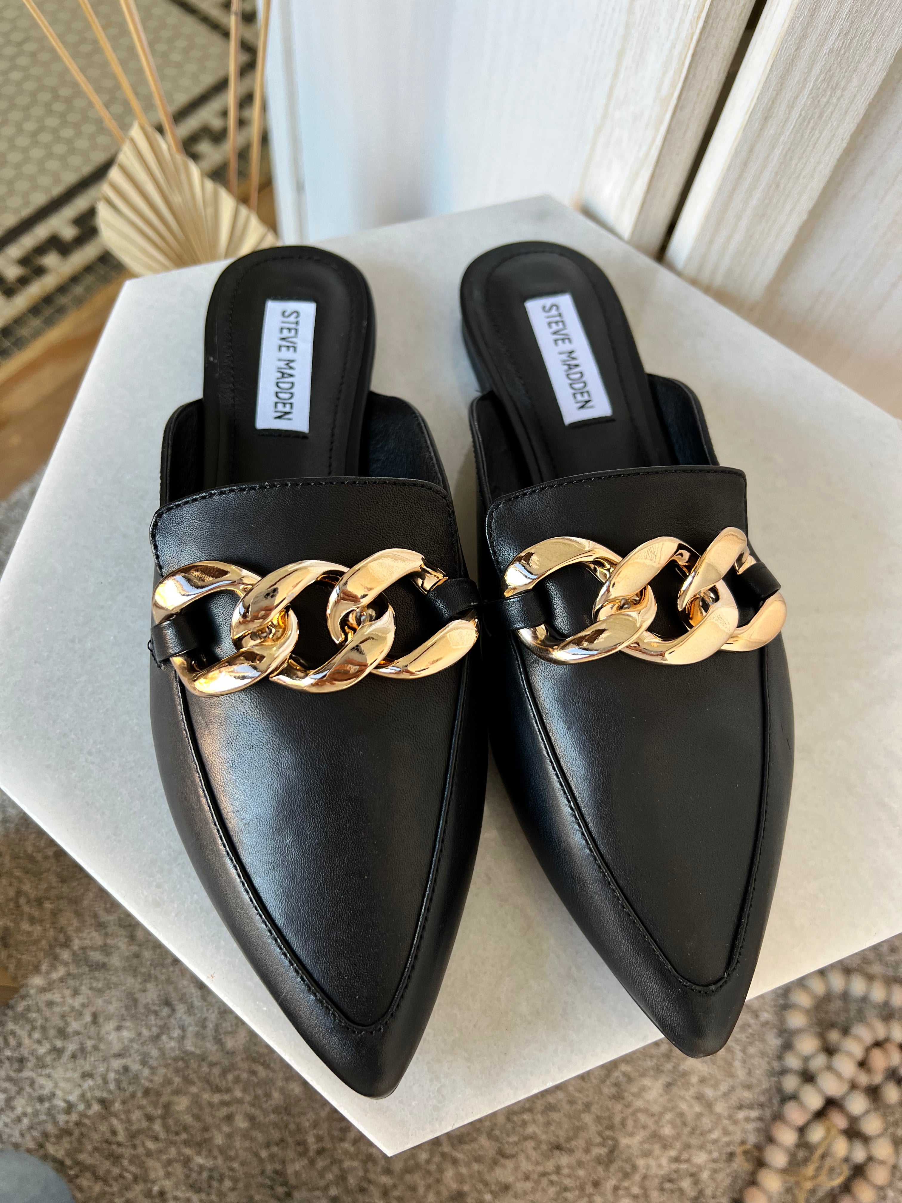 Steve Madden Fleur Black Chain Mules、mySite、garagedoors4me