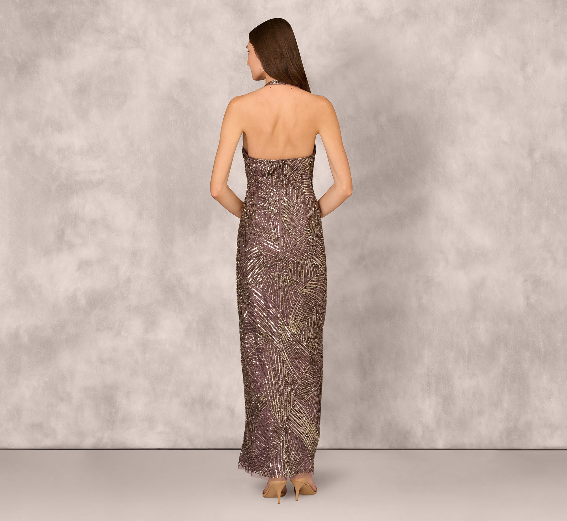 Beaded Halter Column Gown In Moonstone、mySite、solidvoid