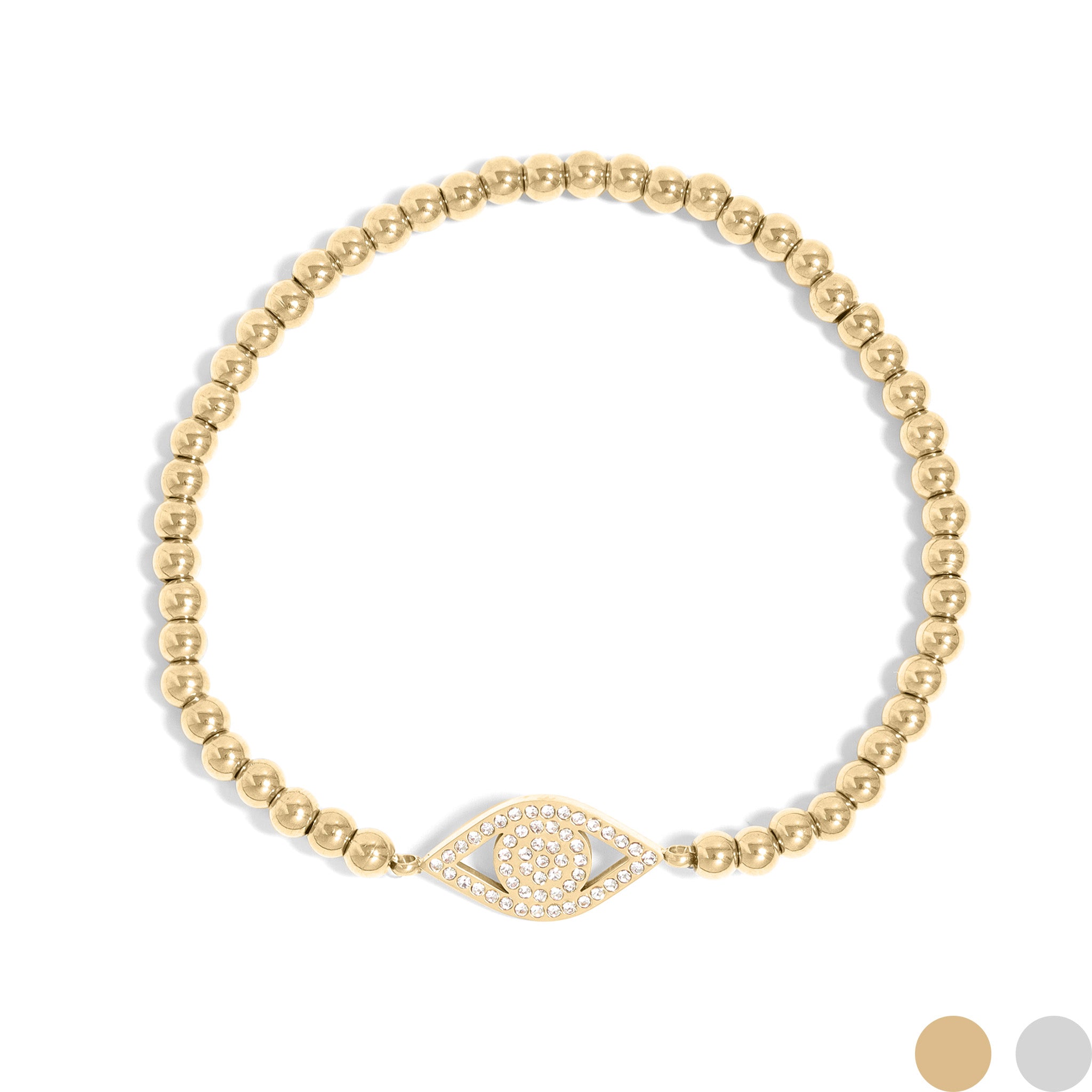 18K Gold PVD Stainless Steel Stone Evil Eye Metal Beaded Stretch Bracelet / BRJ1018、mySite、dreamappss