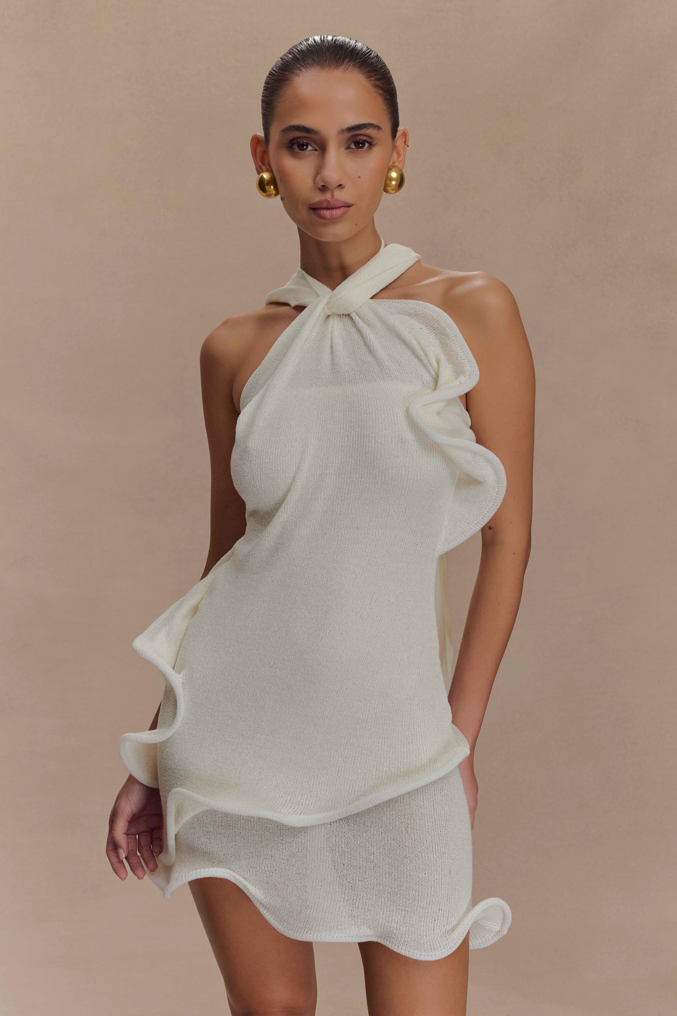 Caprice Halter Knit Mini Dress - White、mySite、solidvoid