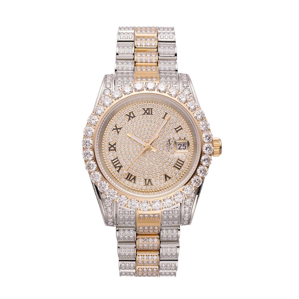 Moissanite Presidential Watch | 41MM | Roman Numeral Dial | 18.3CT Iced Out | 14K White and Yellow Gold Two Tone、mySite、hinf8tx79