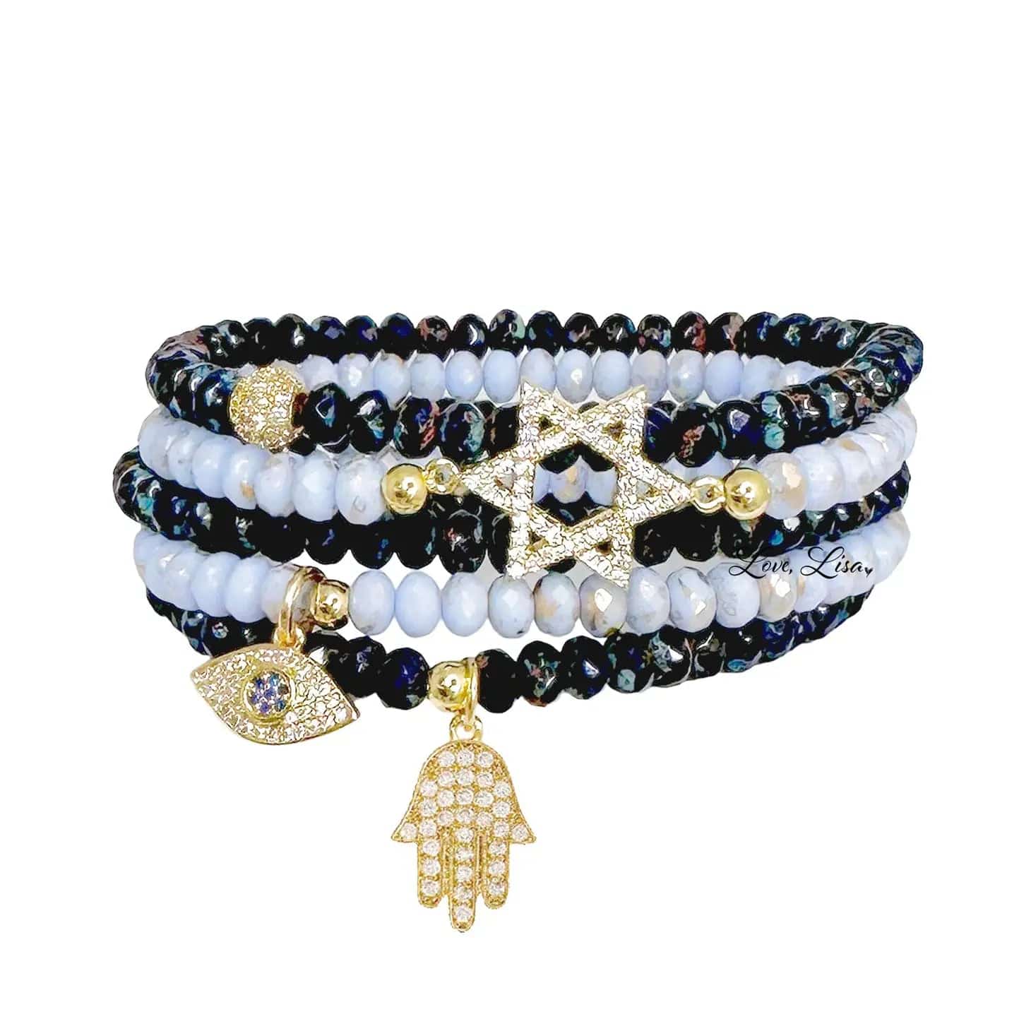 Harper Star of David Protection Stack of Crystal Bracelets - Blue and Navy、mySite、topwebapps