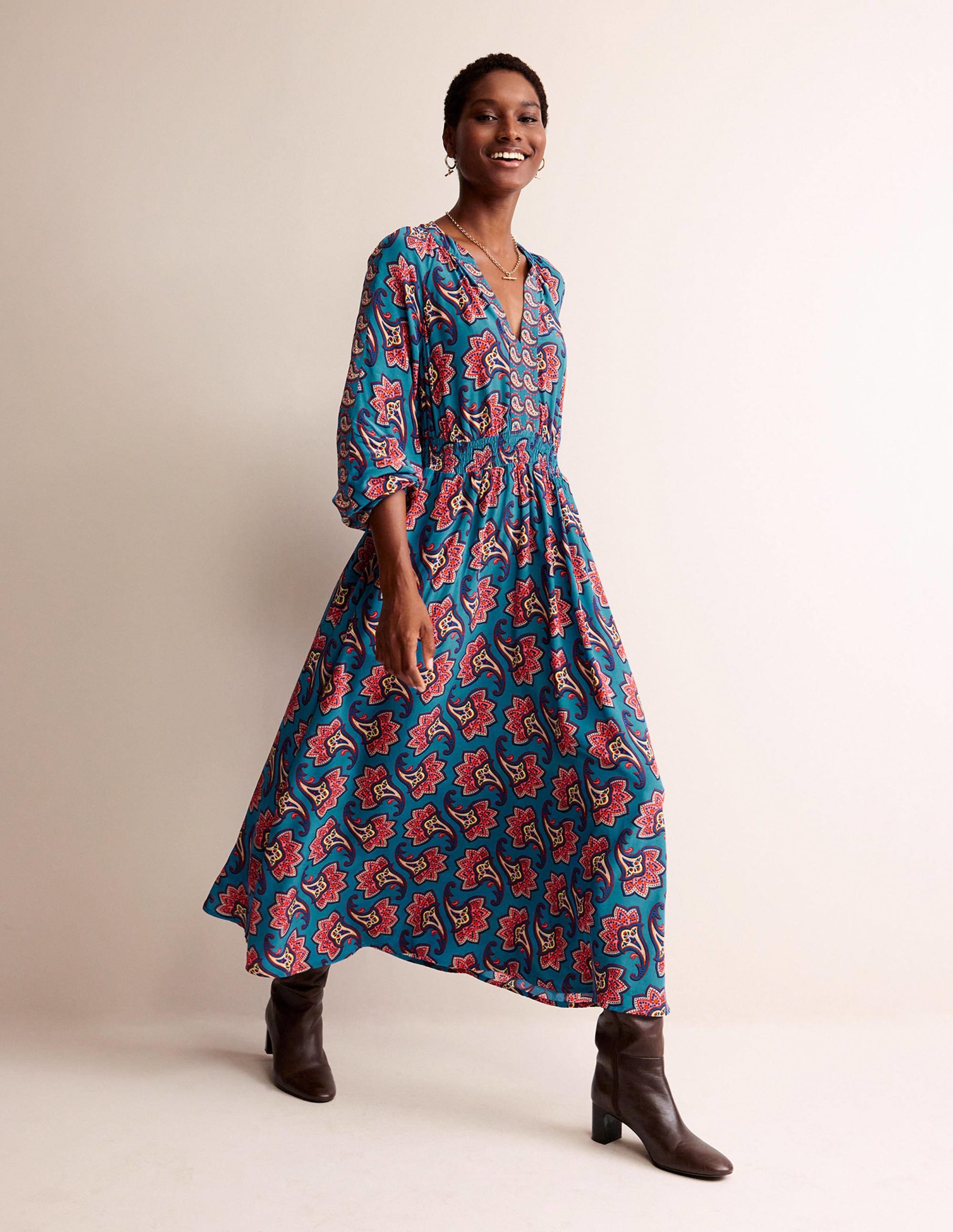  Border Print Raglan Midi Dress-Aegean Blue, Paisley Amaryllis、mySite、ashleygrahame