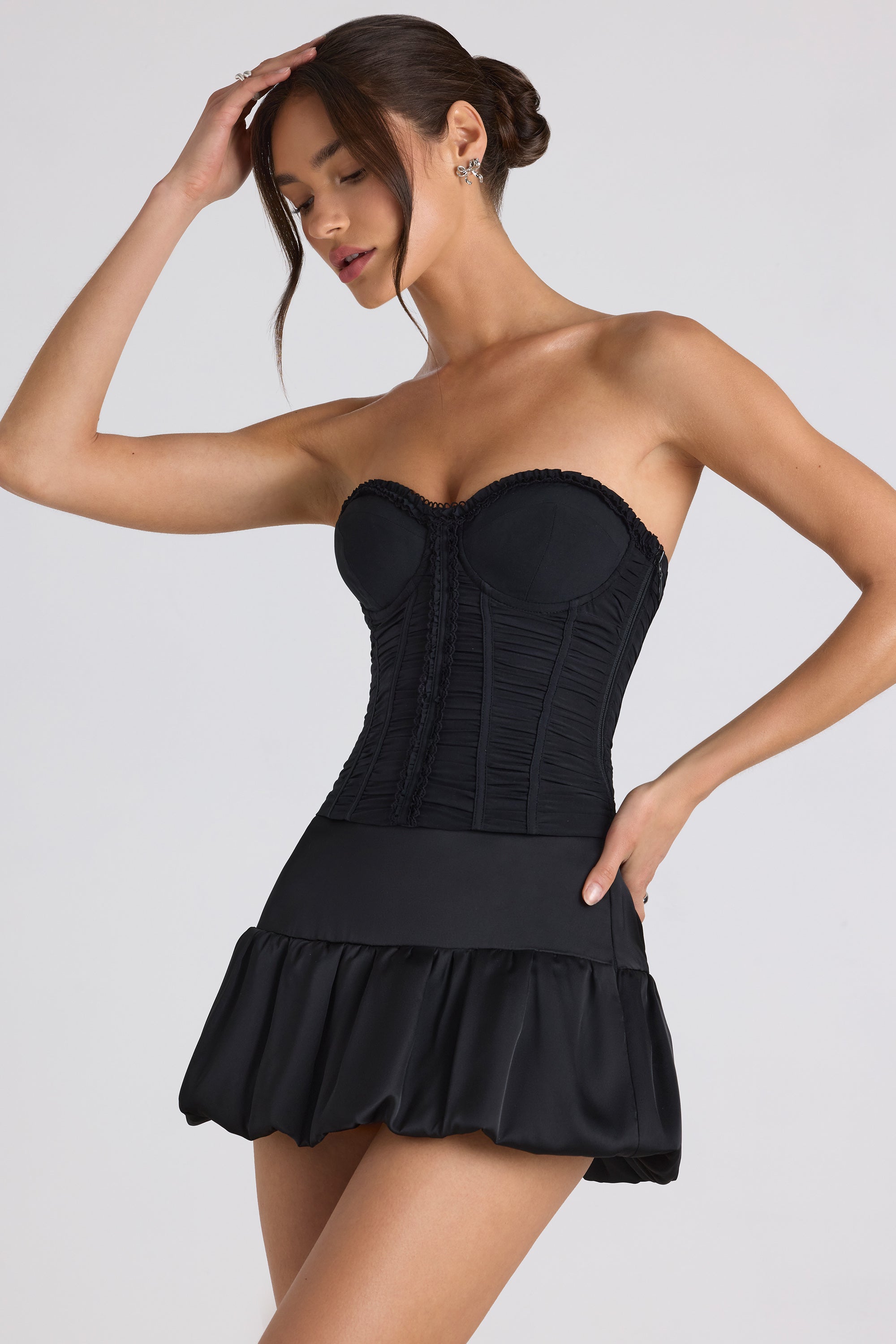 Ruched Lace-Up Strapless Corset Top in Black、mySite、solidvoid