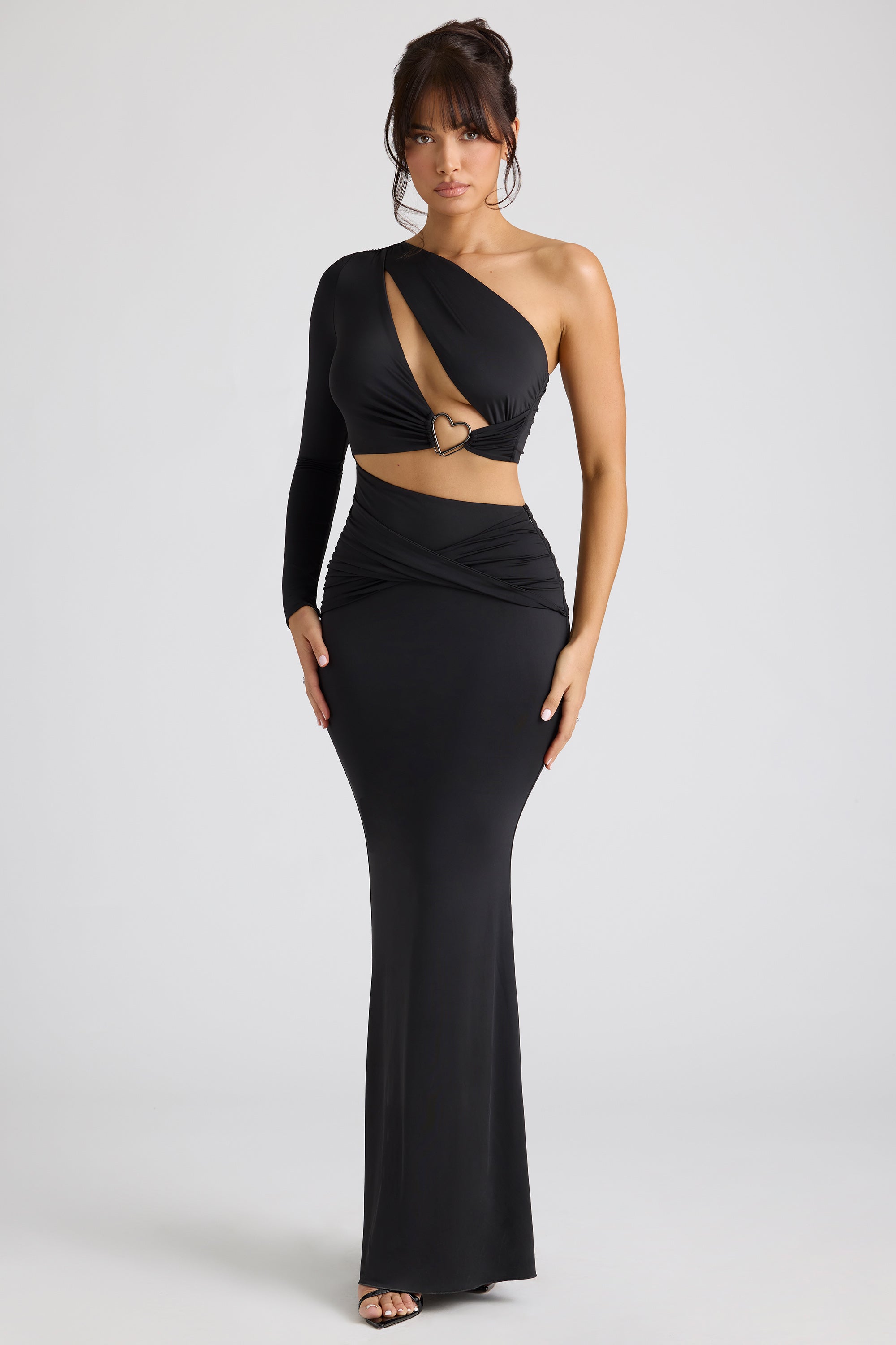 Single Sleeve Cut Out Evening Gown in Black、mySite、solidvoid