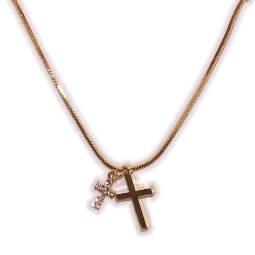  Two Crosses - Rhodium plated gold tone Crosses with CZ stones (1.7 cm - .7 inches big Cross length - 16 Inch Chain)、mySite、elrpsem3k