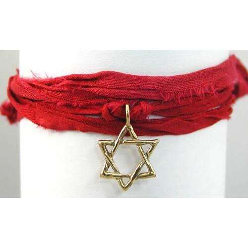 Amery Carriere Red Sari Wrap Bracelet with Brass Star of David Charm、mySite、topwebapps