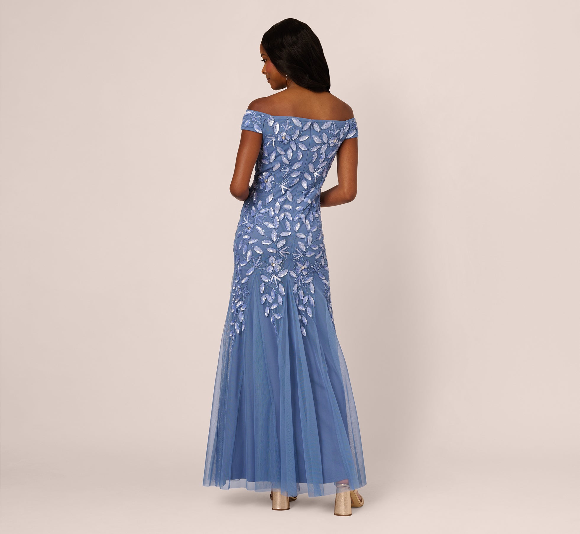 Off Shoulder Floral Beaded Godet Gown In French Blue、mySite、solidvoid