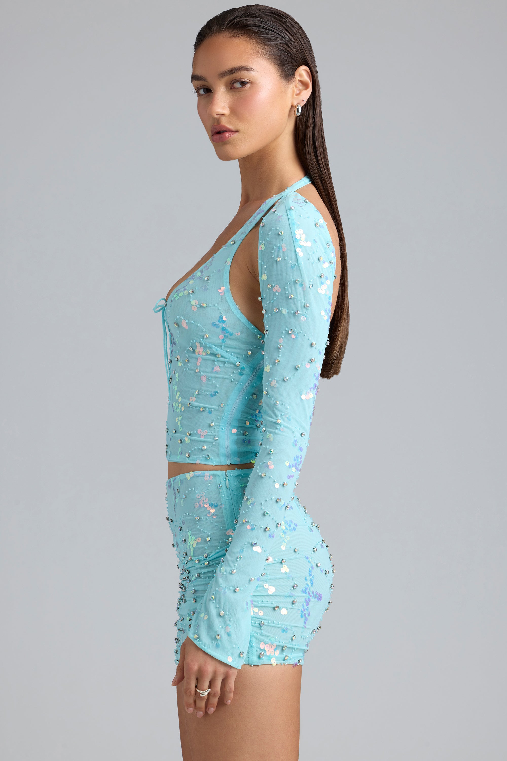 Embellished Cut-Out Halterneck Top in Ice Blue、mySite、solidvoid