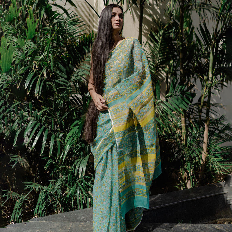 Festive Wear | Kota Doria Sanganeri Print Saree | Green、mySite、camillekostekn