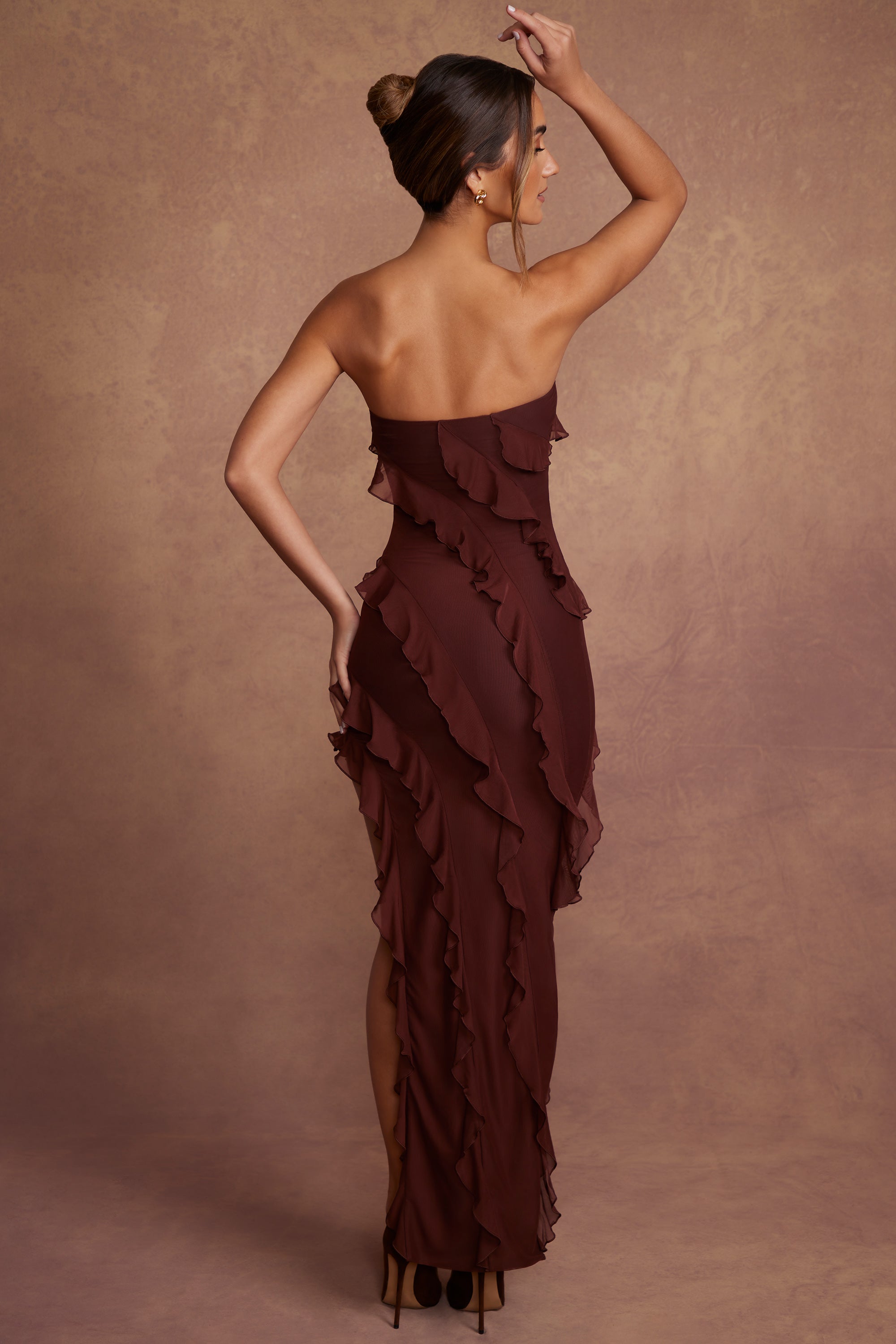 Bandeau Ruffle Detail Maxi Dress in Brown、mySite、solidvoid
