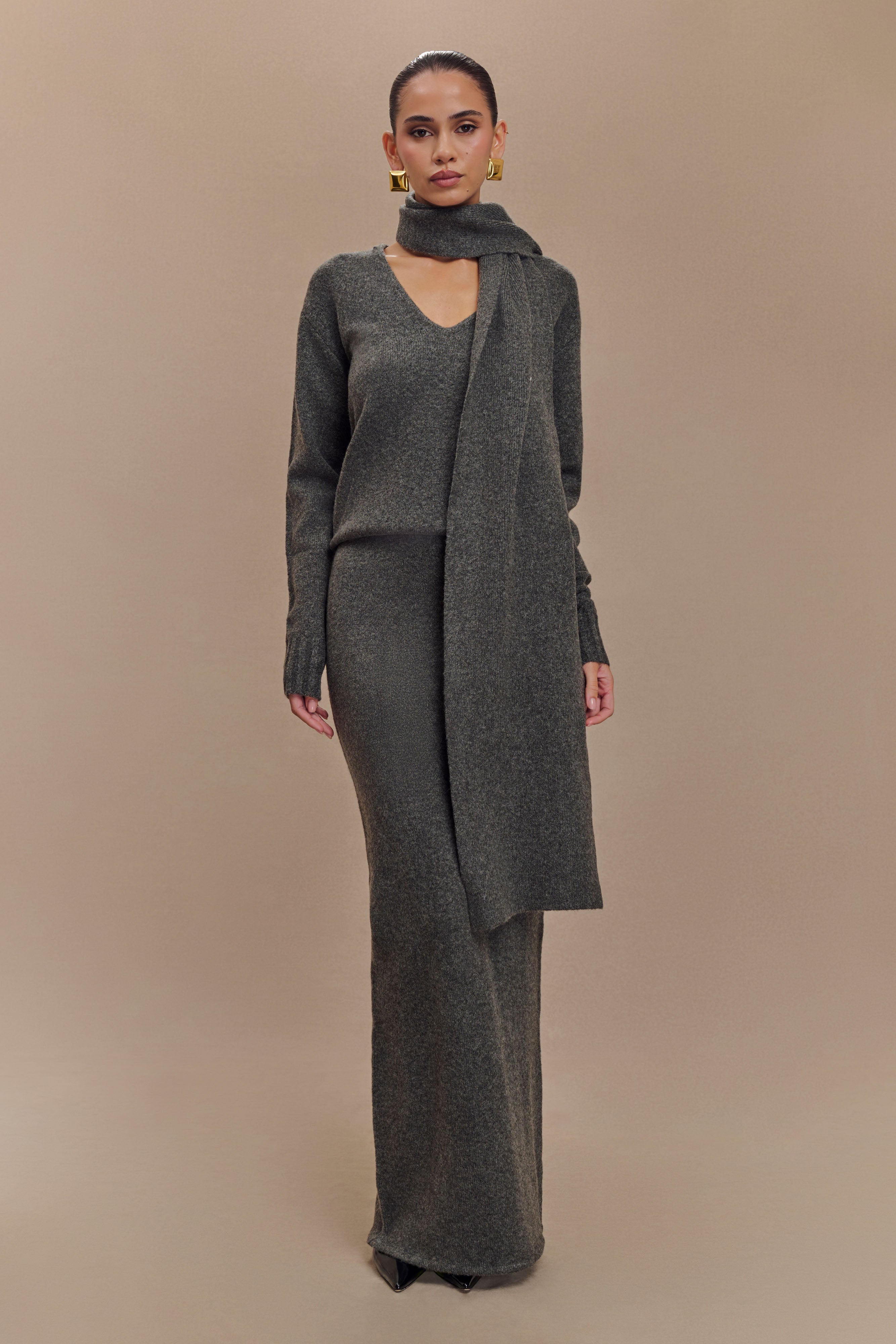 Ella V Neck Knit Jumper With Scarf - Charcoal Marle、mySite、solidvoid