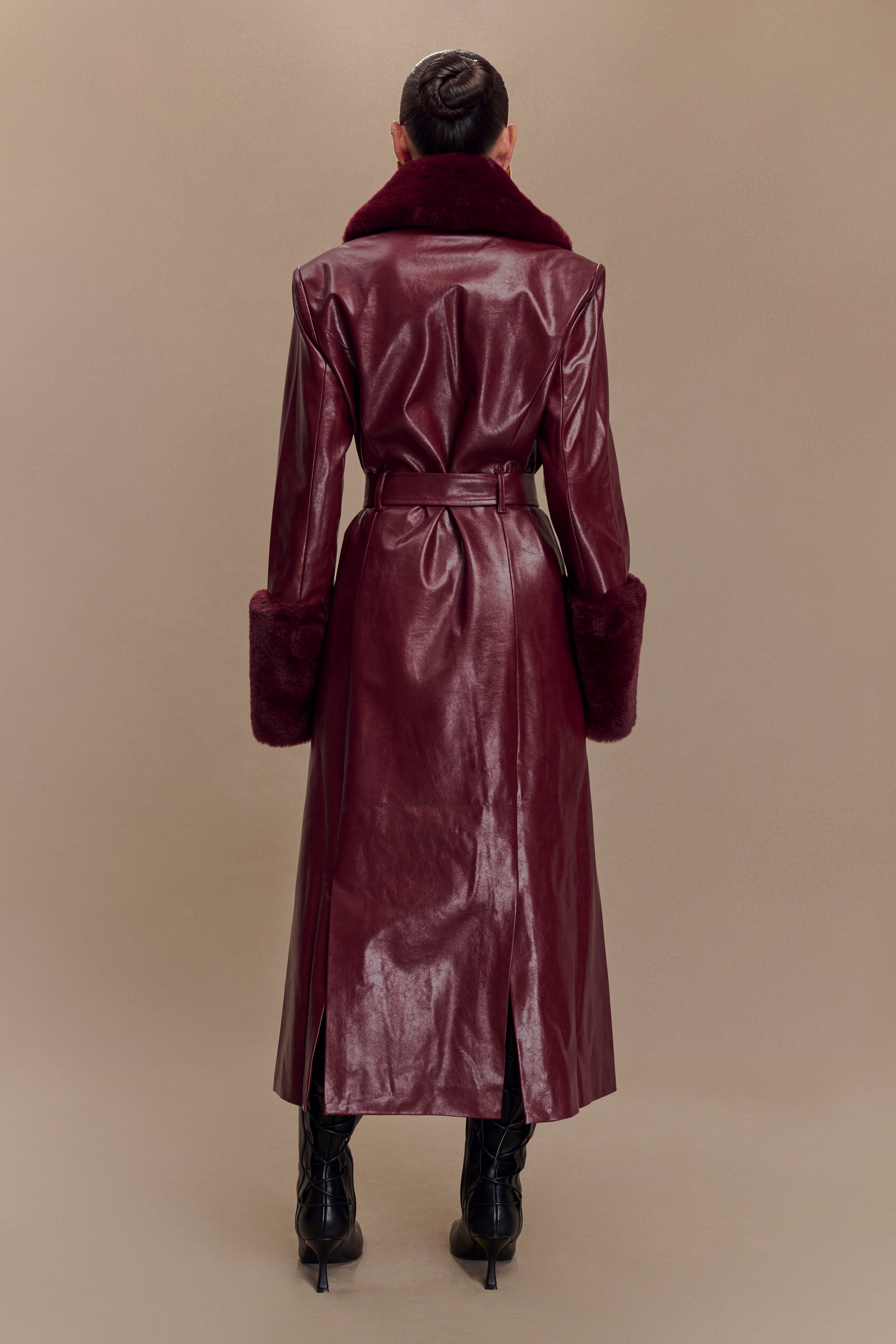 Bec Faux Leather Trench Coat With Faux Fur - Cherry Red、mySite、solidvoid