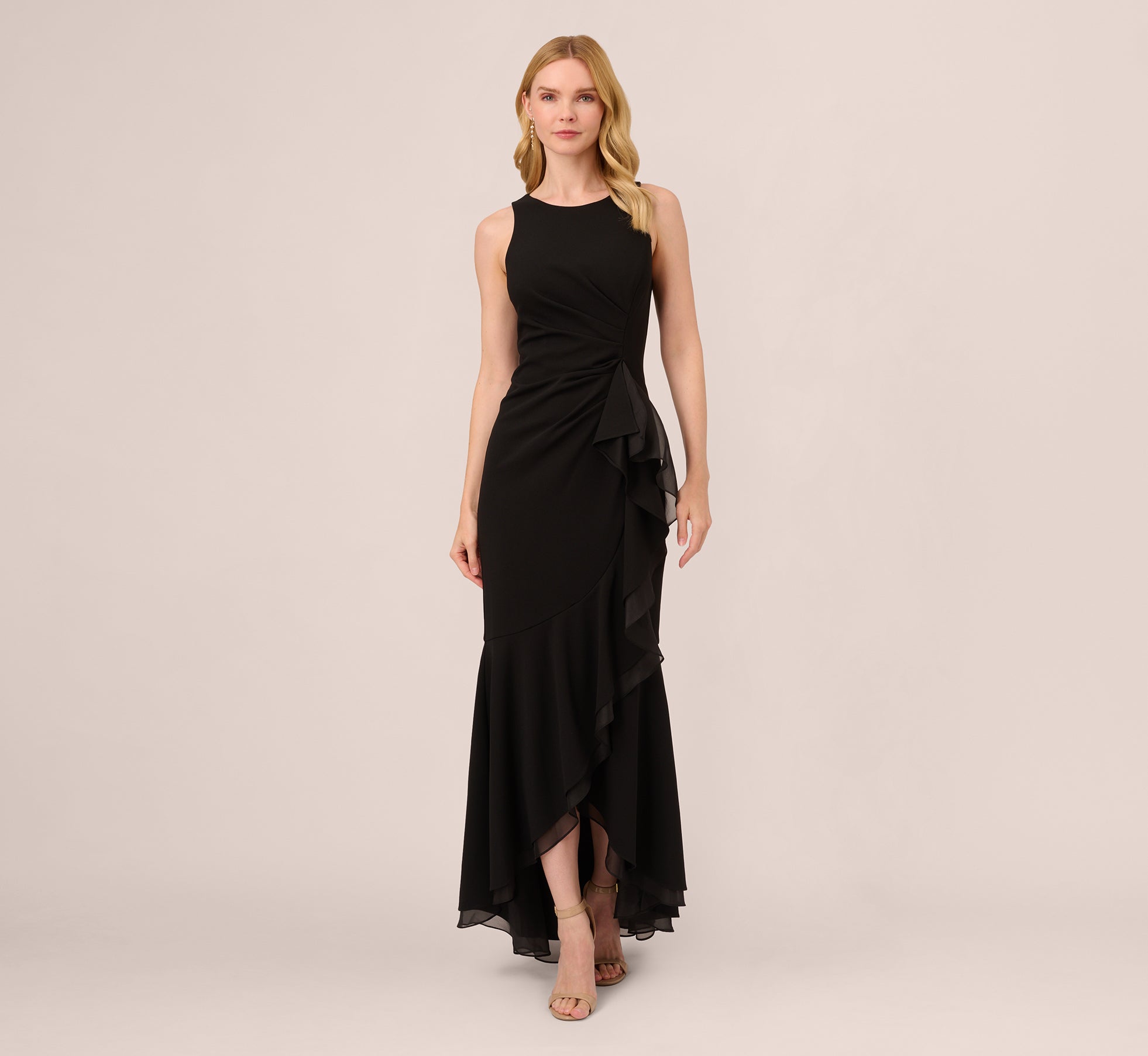High Low Crepe Halter Gown With Organza Draping In Black、mySite、solidvoid