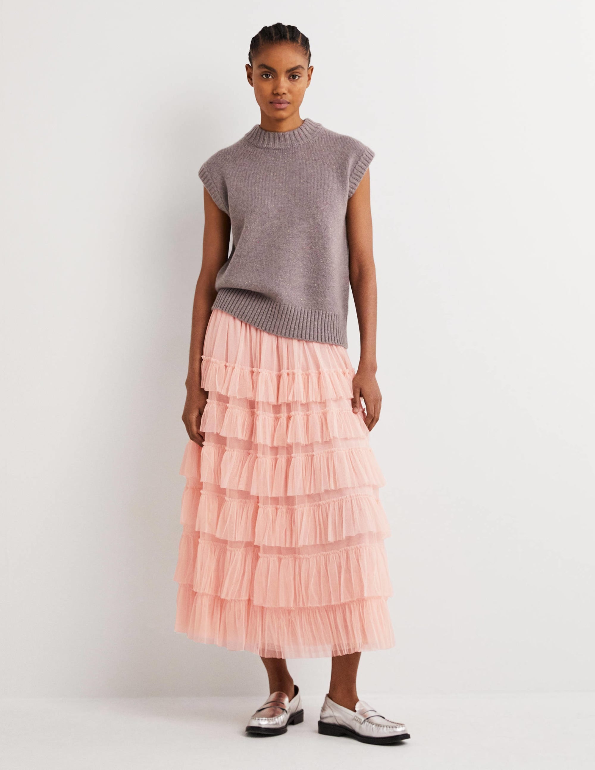  Pink Ruffle Tulle Midi Skirt-Antique Rose、mySite、ashleygrahame