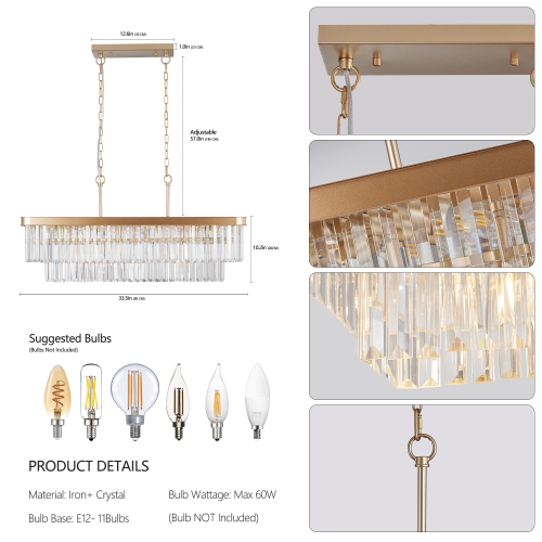 Chandeliers,Rectangular Crystal Chandelier Adjustable,E12 Modern Industrial Crystal Lights,Farmhouse Iron Ceiling Hanging Light for Kitchen Living Room Bedroom/Black(Bulb Not Included)、、eastwooduniform