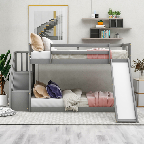 Twin over Twin Bunk Bed with Convertible Slide and Stairway, Gray、、casual