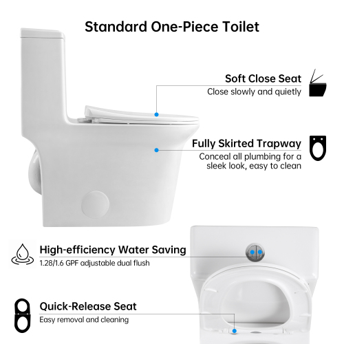 1.1/1.6 GPF Elongated Comfort Height Floor Mounted One-Piece Toilet, CUPC Certified, WaterSense Cetified, Ceramic, White Color, Soft Close Seat、、xpatfood