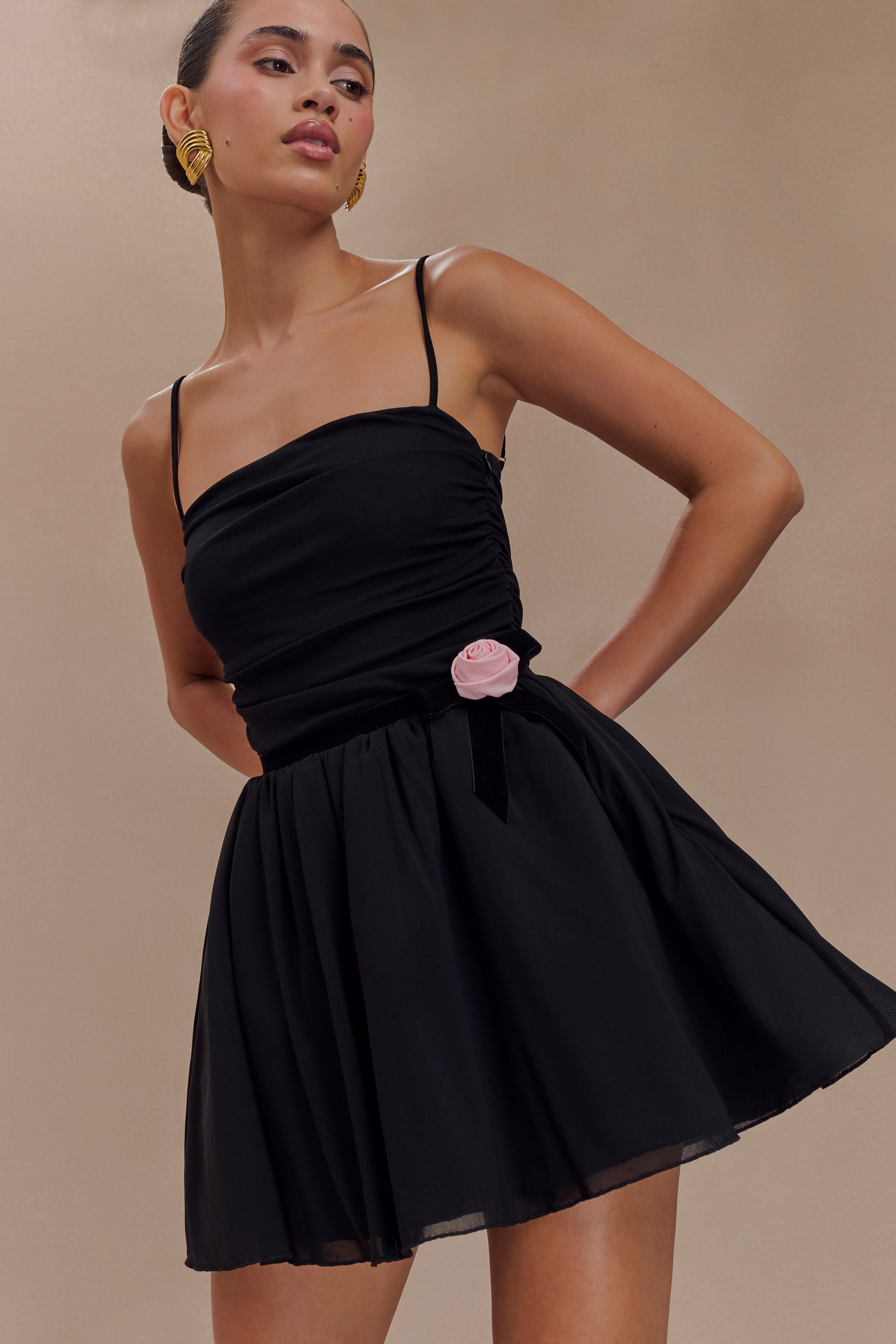 Mischa Mesh Mini Dress With Flower - Black、mySite、solidvoid