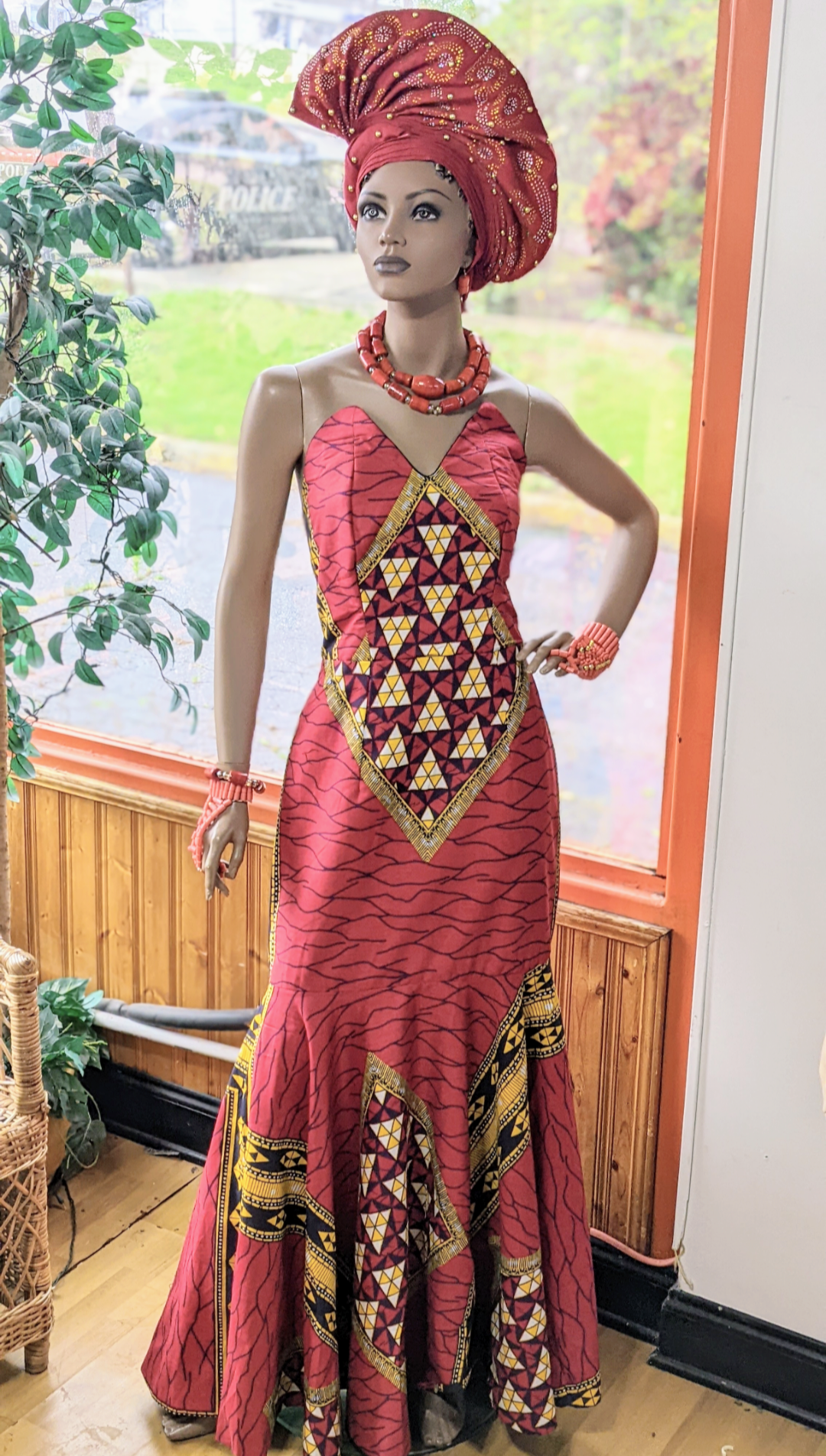 �Sleeveless Red, Black, Off-White, and Gold African Diamond Print Ankara Corset Dress-DPX2687D、mySite、solidvoid