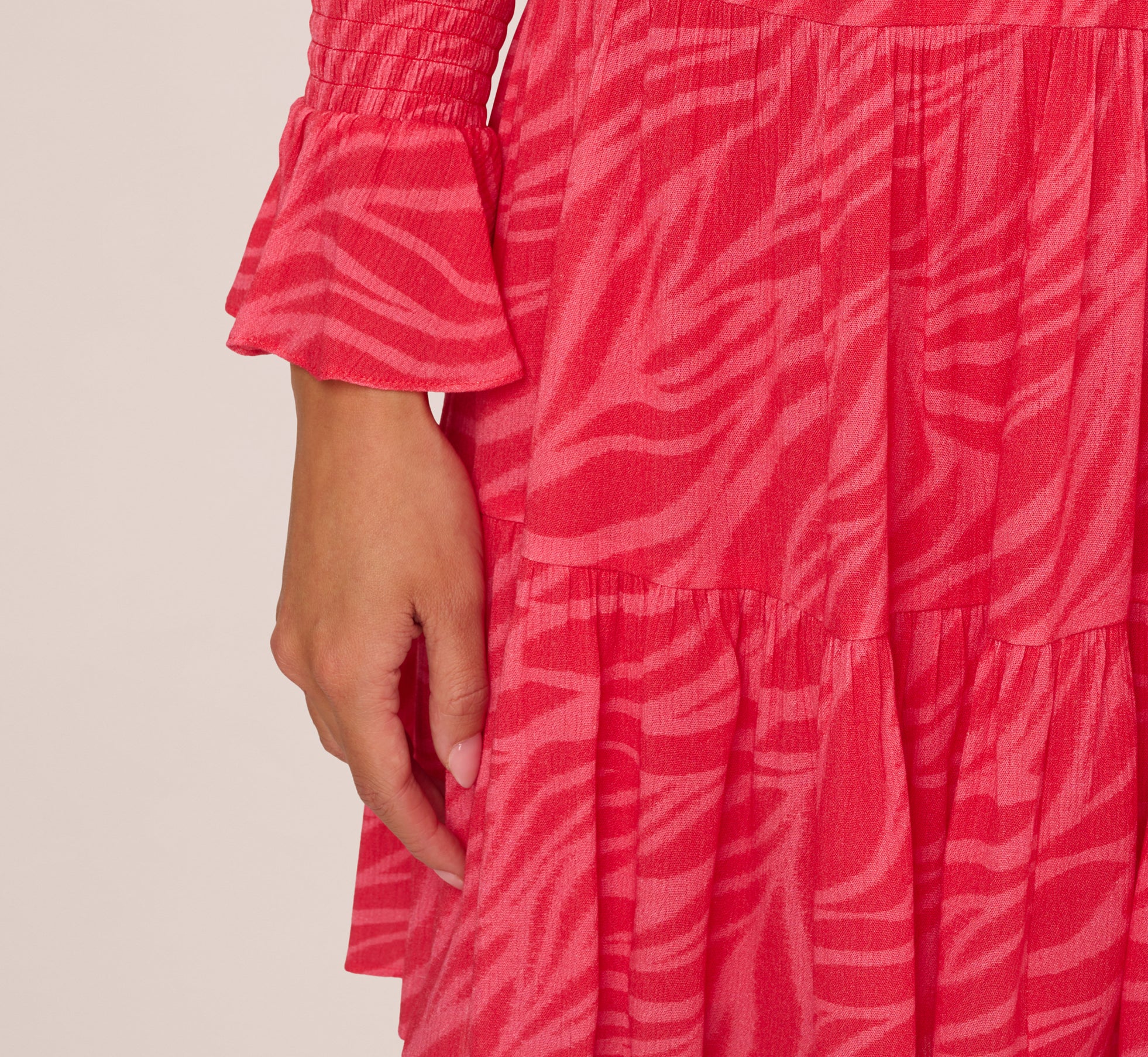 Leaf Print Tiered Shift Dress With Long Bell Sleeves In Pink Multi、mySite、solidvoid