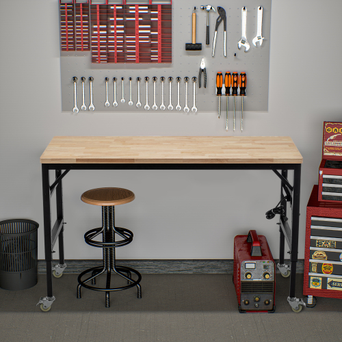Adjustable Height Workbench, 60" Rubber Wood Top Heavy duty Workstation with Power Outlets, 2000 LBS Load Capacity Hardwood Worktable for Workshop, Garage, Office, Home, Commercial、、casual