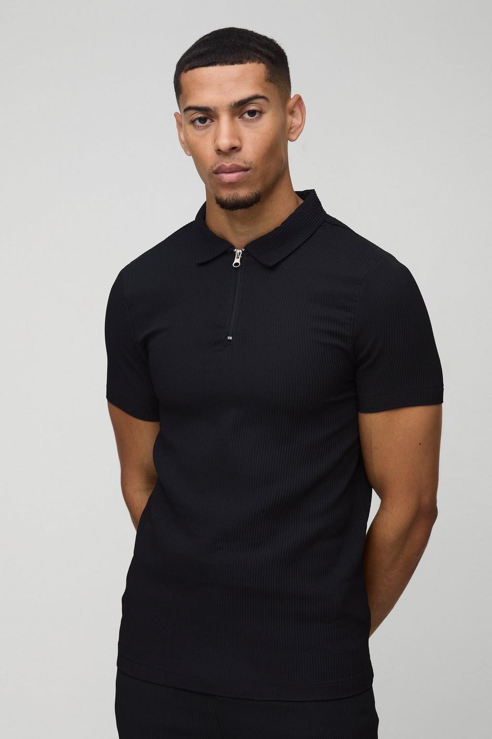  Boohooman Short Sleeve Pleated Polo Stretch Fit Shirt Black、mySite、justintrudeaud