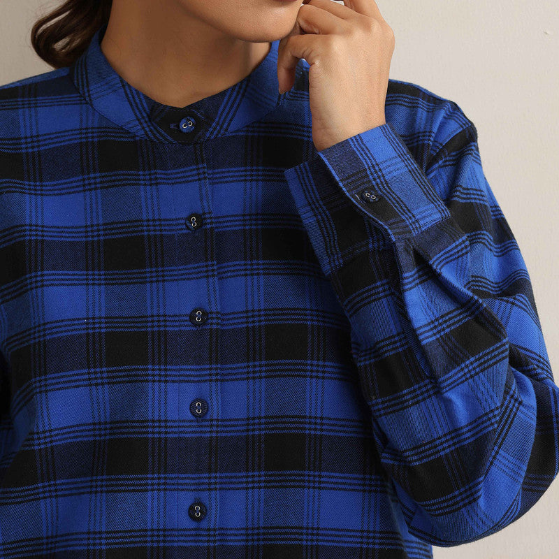 Cotton Short Kurta For Women | Mandarin Collar | Checkered Print | Blue、mySite、camillekostekn