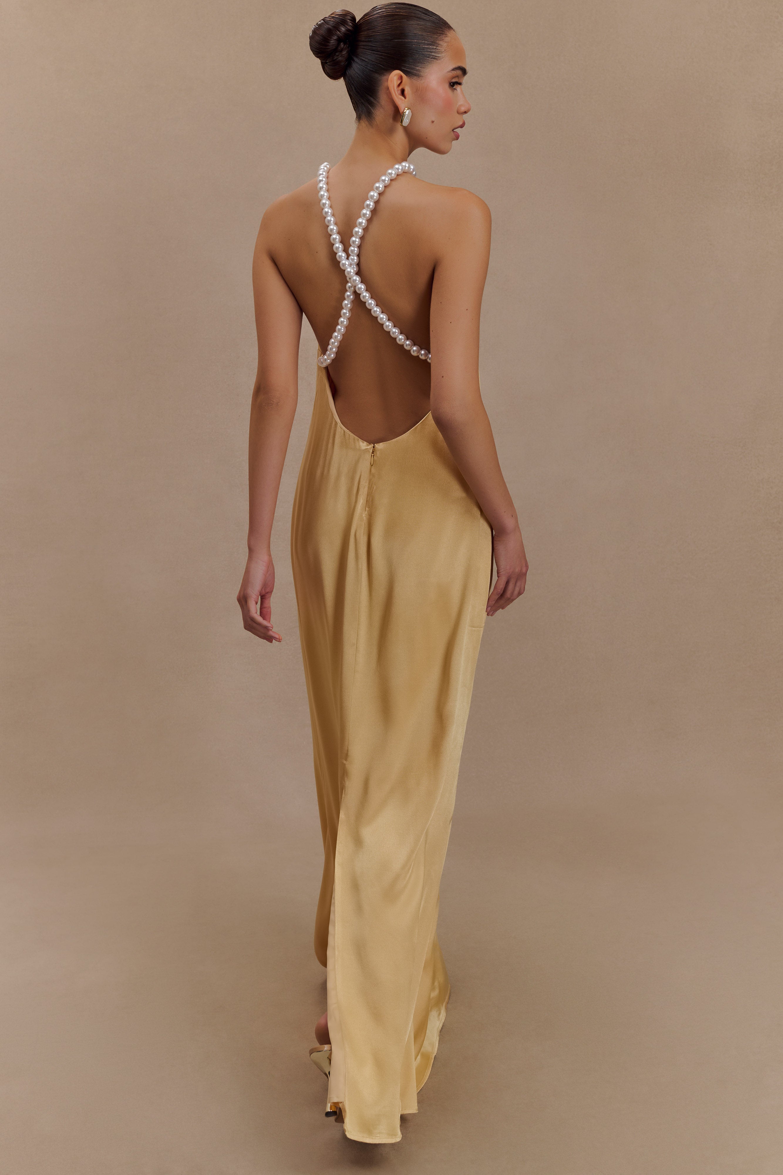 Blanche Satin Pearl Halter Maxi Dress - Peach、mySite、solidvoid