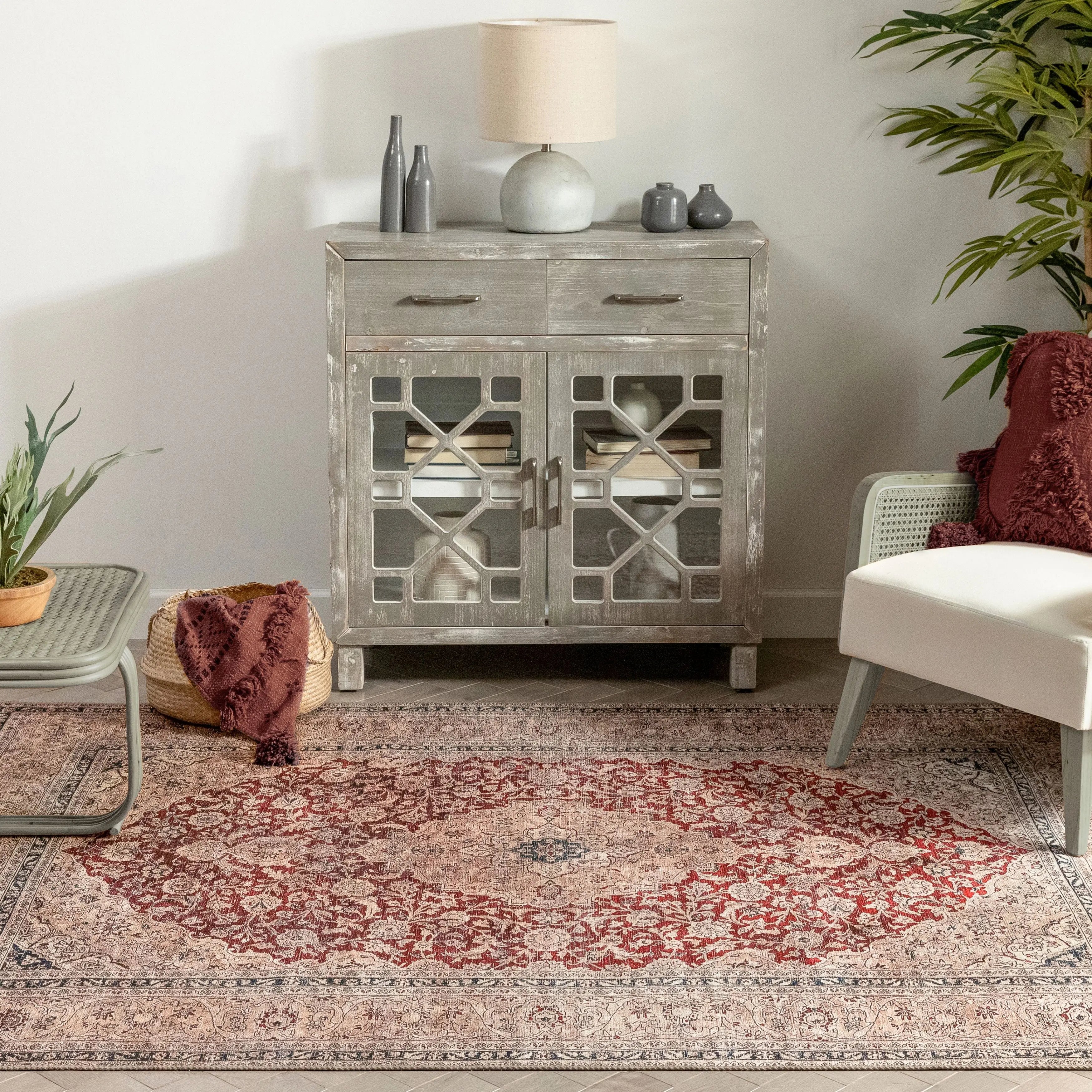 Tonti Machine Washable Vintage Medallion Oriental Red Flat-Weave Distressed Rug、mySite、gigharbornorthrealestate