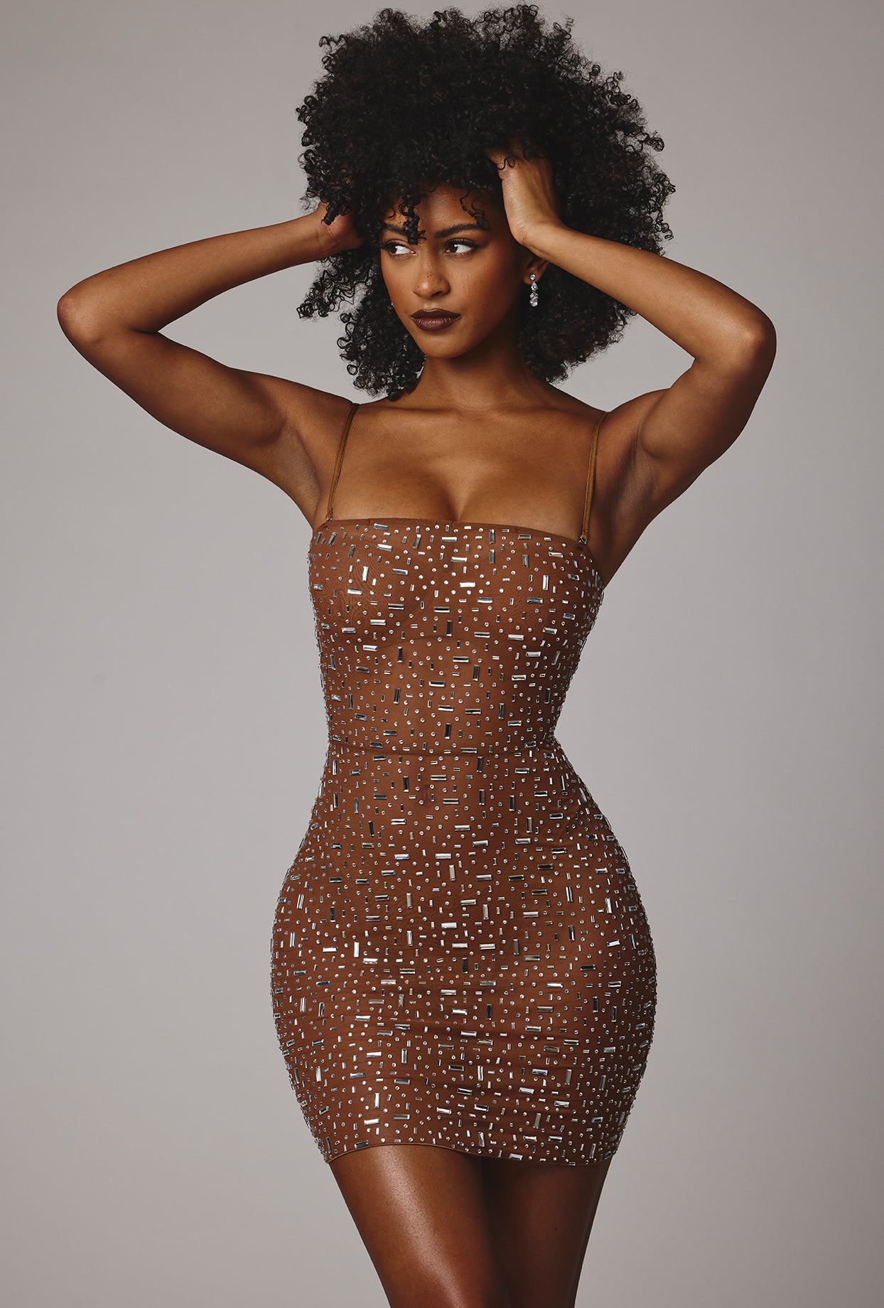 Sheer Embellished Bodycon Mini Dress in Mocha、mySite、solidvoid