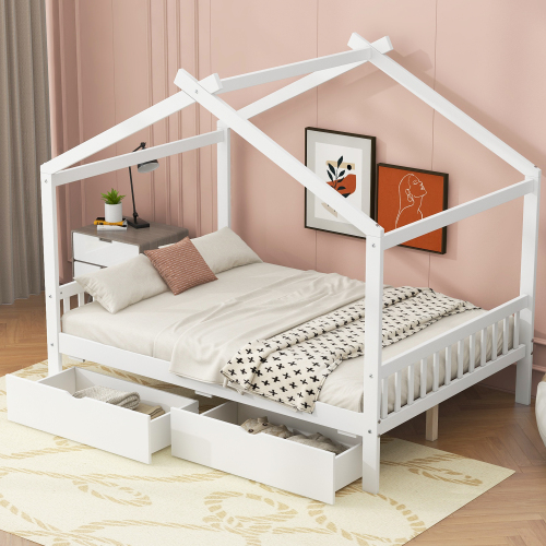 Twin Size House Platform Bed with Headboard and Footboard,Roof Design,Natural、、casual