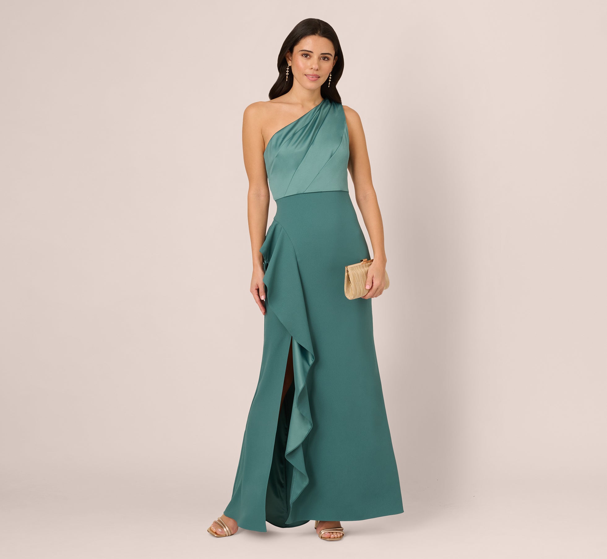 One-Shoulder Long Satin Crepe Mermaid Gown In Green Slate、mySite、solidvoid